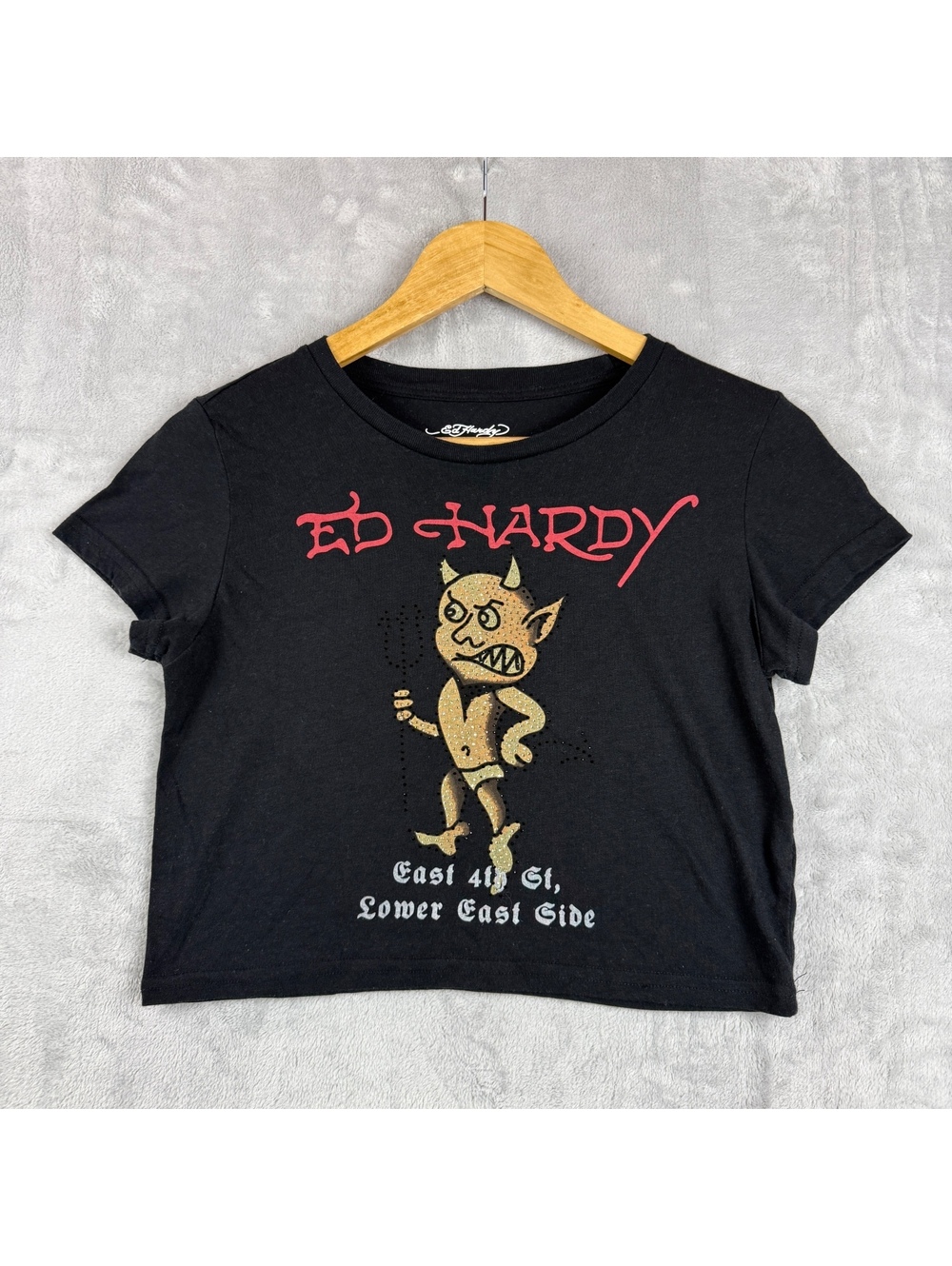 Ed Hardy Black Devil Graphic Cropped T-Shirt Rhinestone Tattoo Y2K Punk Goth L